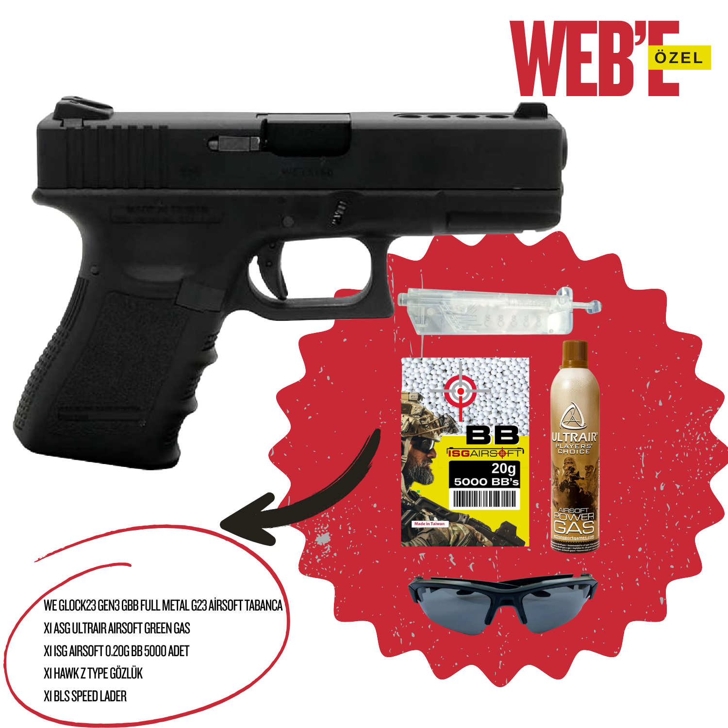 WE Glock23 Gen3 GBB FULL METAL G23 Airsoft Tabanca SETİ