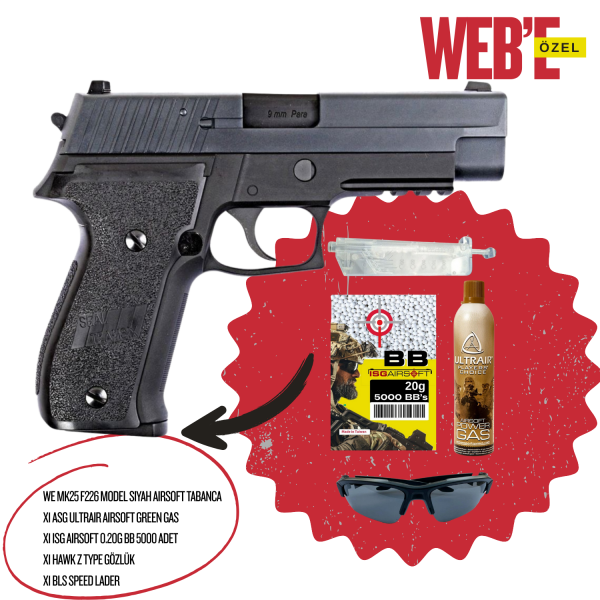 WE MK25 F226 MODEL SIYAH AIRSOFT TABANCA SETİ