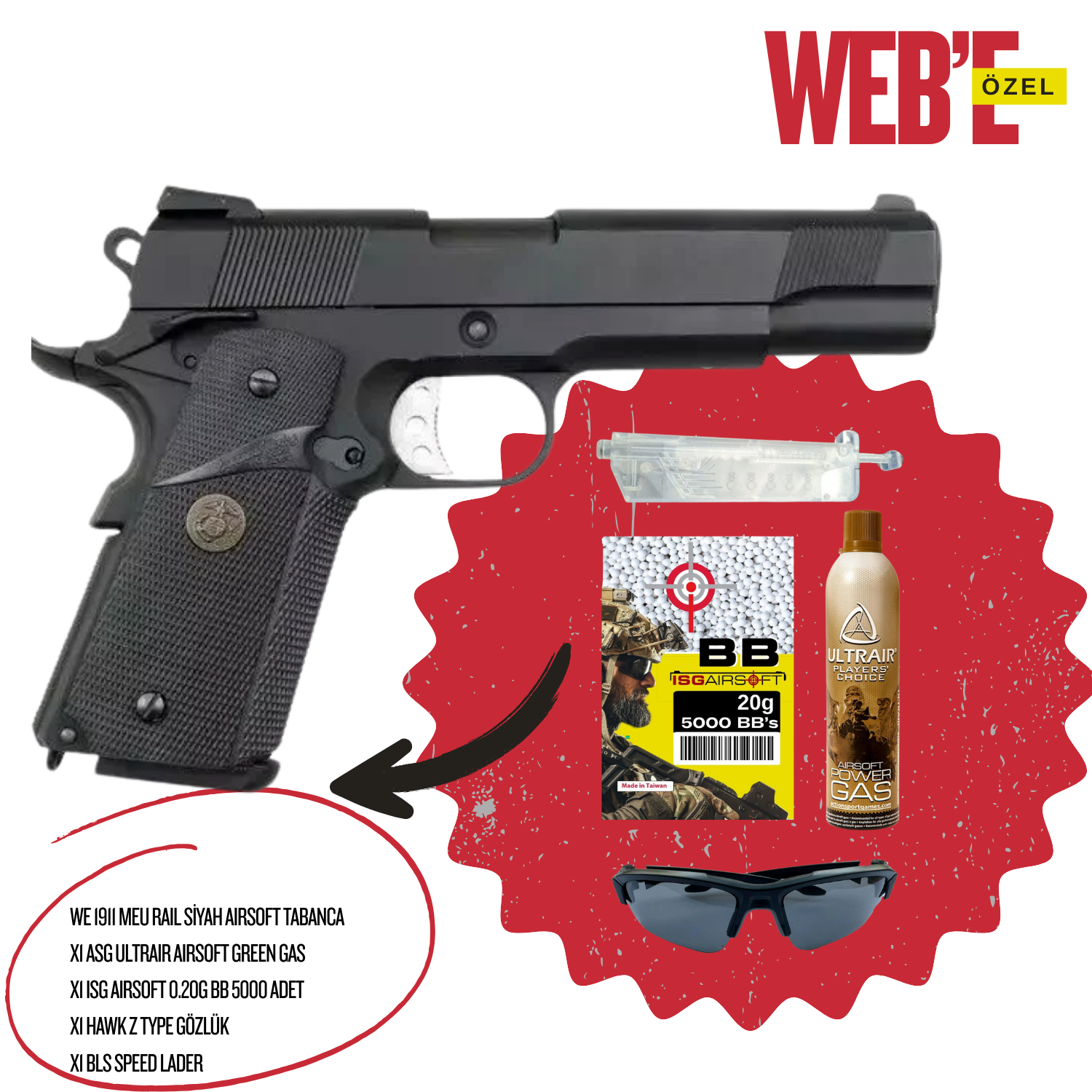 WE 1911 MEU RAIL SİYAH AIRSOFT TABANCA SETİ